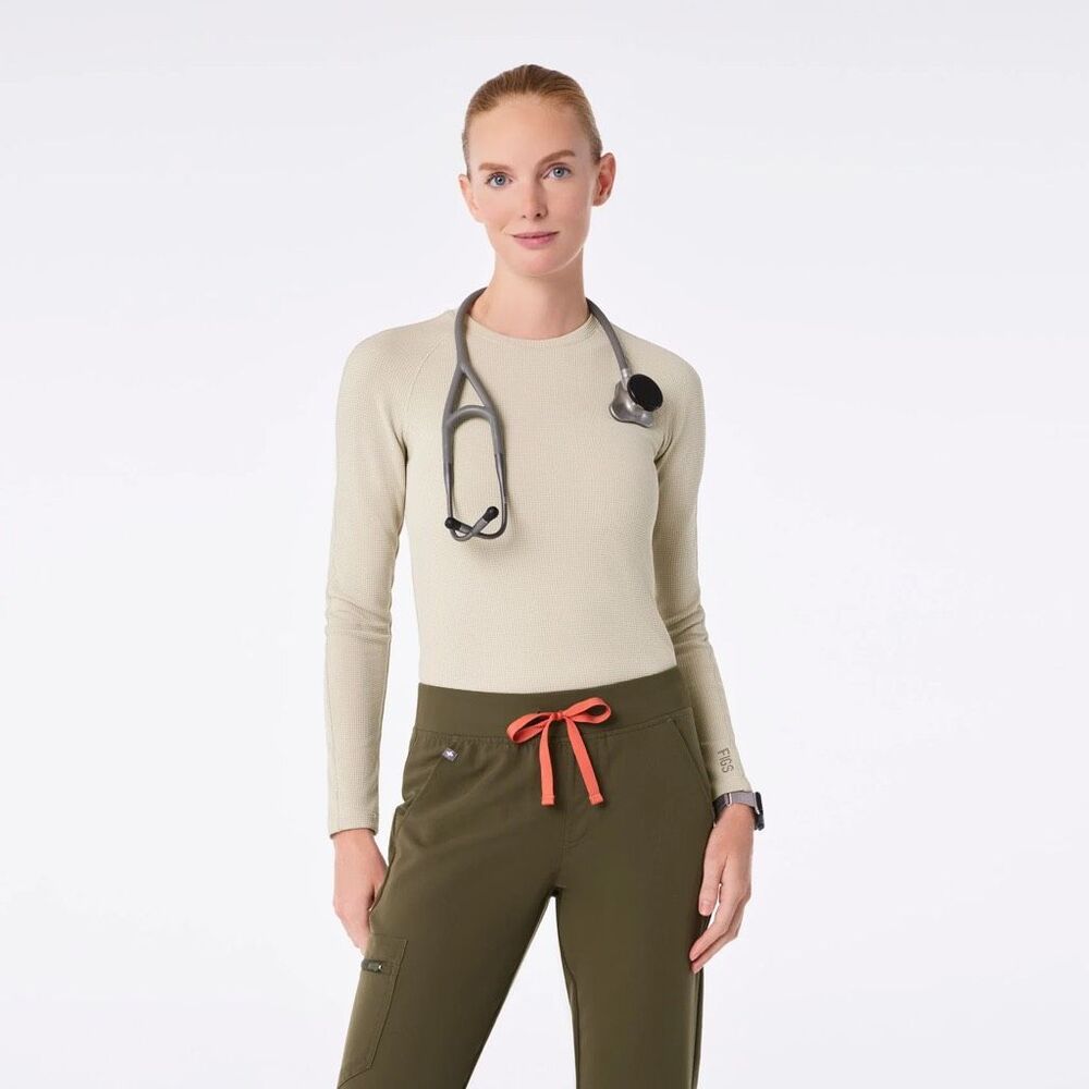 FIGS Waffle Knit Underscrub Crew Neck long sleeve beige bone Womens S NEW